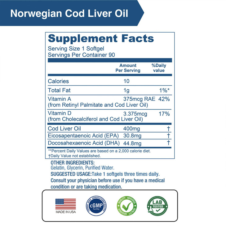 LOVITA Norwegian Cod Liver Oil, High Absorption TG Form, DHA & EPA with Vitamin A & D, Burpless, Easy to Swallow, for Heart, Brain and Immune Support