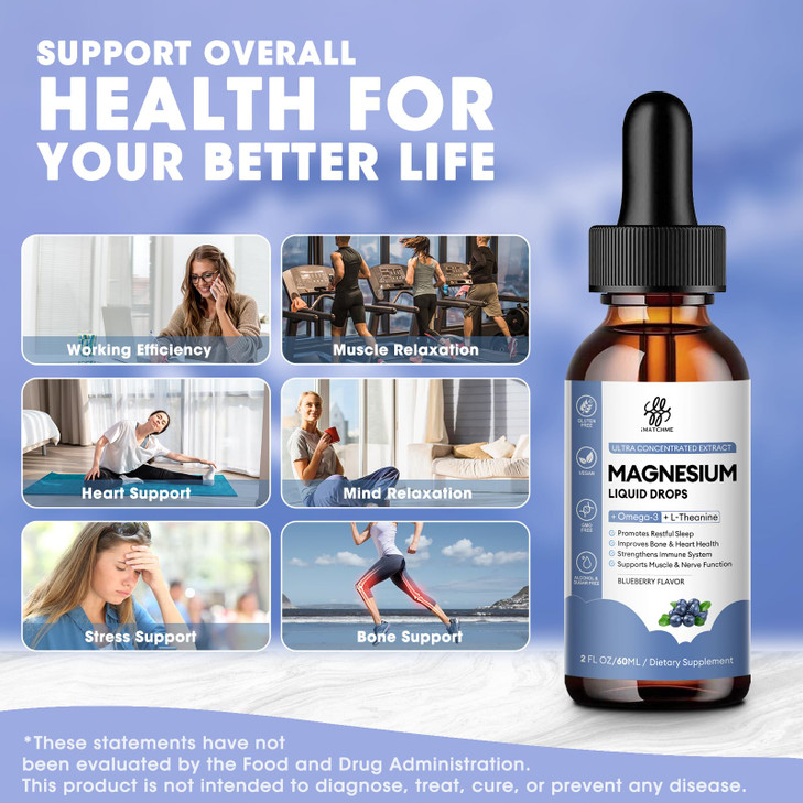 Magnesium Glycinate Liquid, Magnesium Complex Supplement with Omega3, L-Theanine and Vitamin for Calm, Sleep Support, Muscle Relief, Non GMO, Blueber