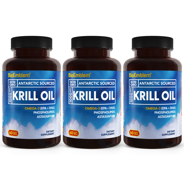 BioEmblem 3 Pack Antarctic Krill Oil 1000mg Softgels, Omega-3s Oil with High Levels of EPA + DHA, Astaxanthin, and Phospholipids, Supports Brain Heal