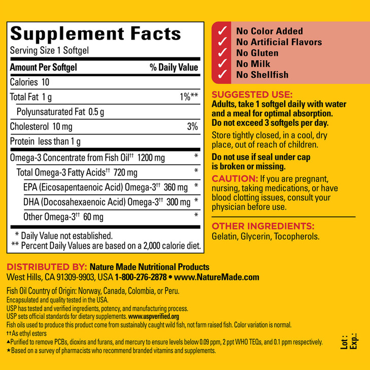 Nature Made Fish Oil Omega 3 Supplements, Omega 3 Fish Oil as Ethyl Esters 1200 mg Softgels, EPA DHA Supplement for Healthy Heart, Brain, Eye Support