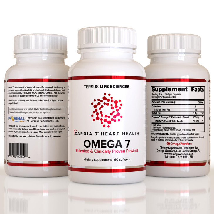 CARDIA7 Heart Health Omega 7 - Containing Patented Provinal Purified Omega 7 Fatty Acids - No Fish Smell or Burp-Back - 60ct Soft Gels