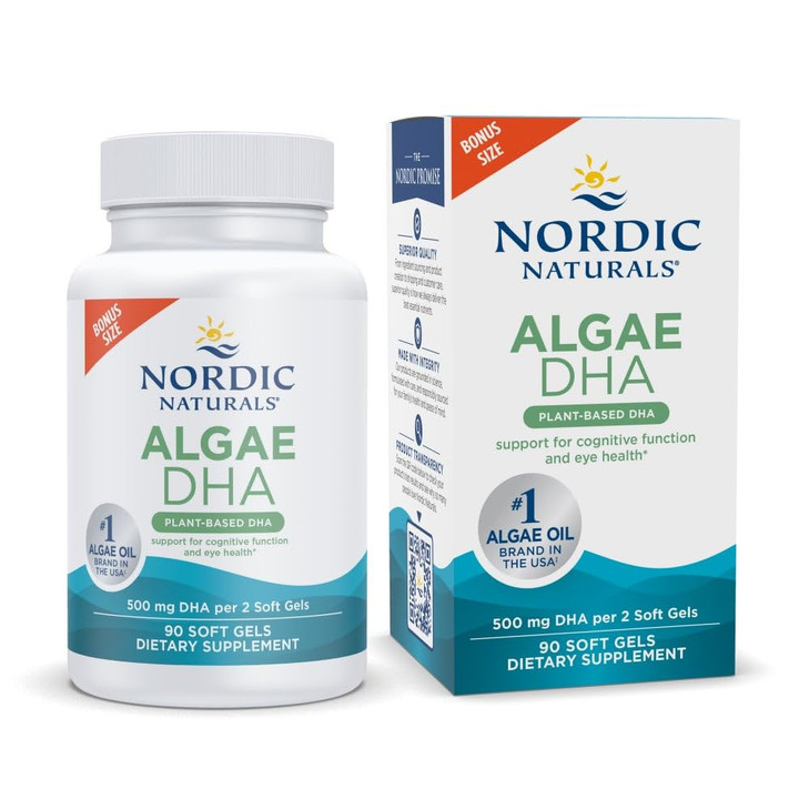 Nordic Naturals Algae DHA - 90 Soft Gels - 500 mg Omega-3 DHA - Certified Vegan Algae Oil - Plant-Based DHA - Brain, Eye & Nervous System Support - N