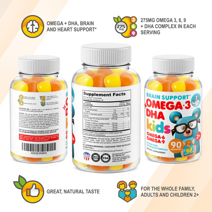 DR. MORITZ Omega 3 Kids Gummies (180 Count), Vegan Omega3 Gummies for Kids with No Fish Oil, Vitamins for Brain & Heart Health, Gluten-Free Omega 3 6