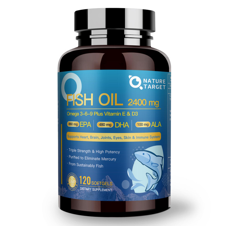 NATURE TARGET Triple Omega 3 6 9, Fish Oil 2400mg Softgels with Vitamin D3 & E - EPA & DHA & ALA - Supports Heart, Brain, Joint & Immune Health, Sust