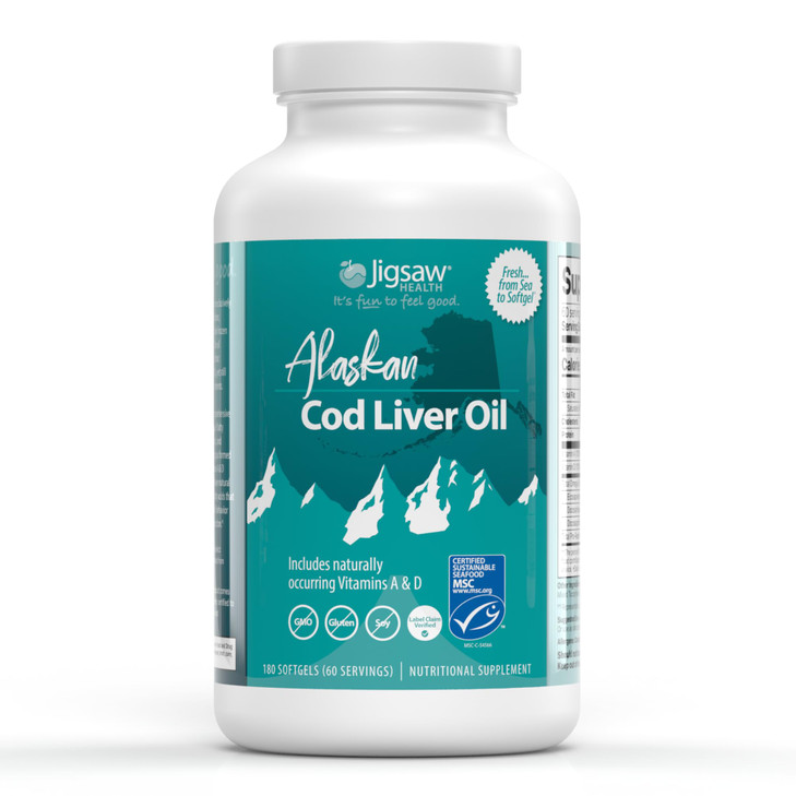 Jigsaw Health Alaskan Cod Liver Oil | 900 mg Omega-3s with EPA, DHA, and DPA | Includes Naturally Occuring Vitamins A & D | 180 Softgels | 60 Serving