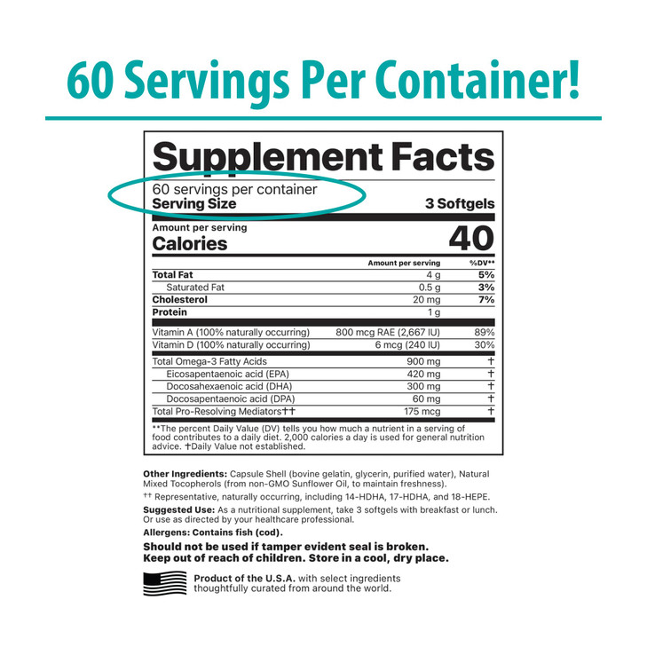 Jigsaw Health Alaskan Cod Liver Oil | 900 mg Omega-3s with EPA, DHA, and DPA | Includes Naturally Occuring Vitamins A & D | 180 Softgels | 60 Serving