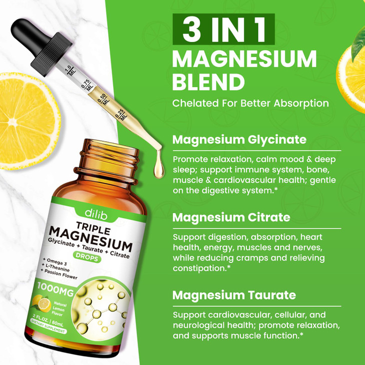 Liquid Magnesium Glycinate Supplement 1000mg, Calm Magnesium Citrate, Taurate Drops with Omega 3, Zinc, Ashwagandha, L-Theanine, Chamomile for Sleep,