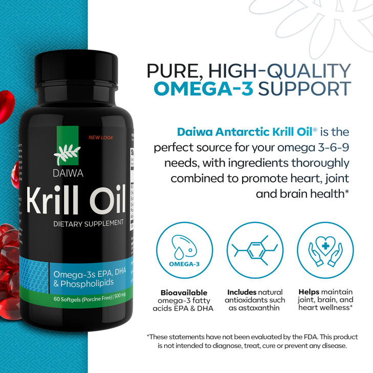 Daiwa Krill Oil 1000mg Softgels - EPA DHA Omega 3 Antarctic Krill Oil Supplement with Astaxanthin - Natural Solution for Joint, Brain Support and Hea