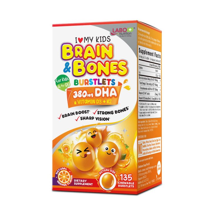 LABO Nutrition I My Kids Brain & Bones Chewable Burstlet, Gluten Free, for Stronger Bones & Behavioral Management, 76% Ultra-Concentrated rTG Form Om