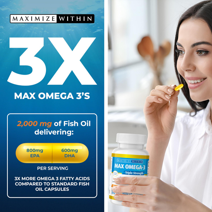 Maximum Slim Max Omega 3 Fish Oil Pills - Triple Strength Fish Oil Supplement (2000 mg Total Omega 3 Fatty Acids: 600mg DHA + 800 mg EPA per Serving)