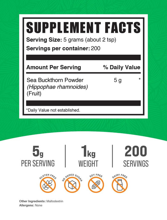 BulkSupplements.com Sea Buckthorn Powder - Omega 7 Supplement, Superfood Powder, Sea Buckthorn Berry Supplement - Vegan & Gluten Free, 5g per Serving