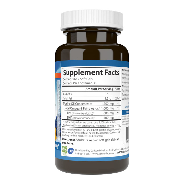 Carlson - Maximum Omega Minis, 1000 mg Omega-3s, Heart Function, Brain Support & Healthy Aging, Lemon, 60 Mini Softgels