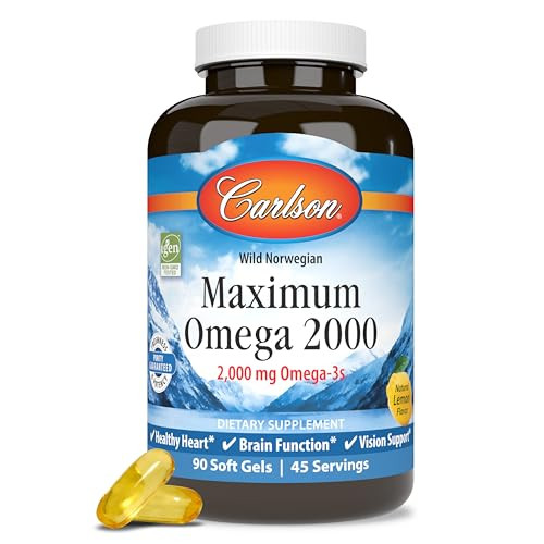 Carlson - Maximum Omega 2000, 2000 mg Omega-3s, Healthy Heart, Brain Function & Vision Support, Lemon, 90 soft gels