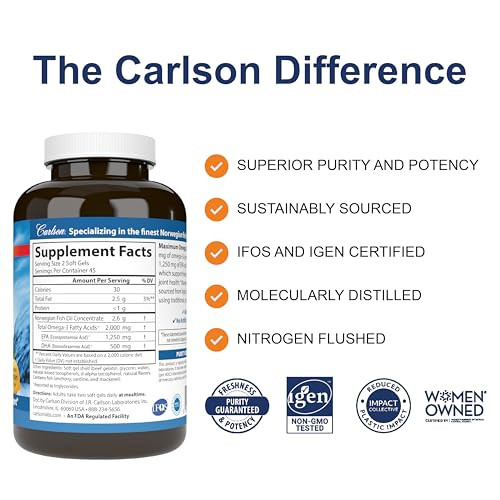 Carlson - Maximum Omega 2000, 2000 mg Omega-3s, Healthy Heart, Brain Function & Vision Support, Lemon, 90 soft gels