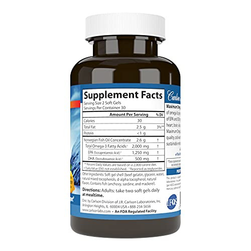 Carlson - Maximum Omega 2000, 2000 mg Omega-3 Fatty Acids Including EPA and DHA, Wild-Caught, Norwegian Fish Oil Supplement, Sustainably Sourced Fish