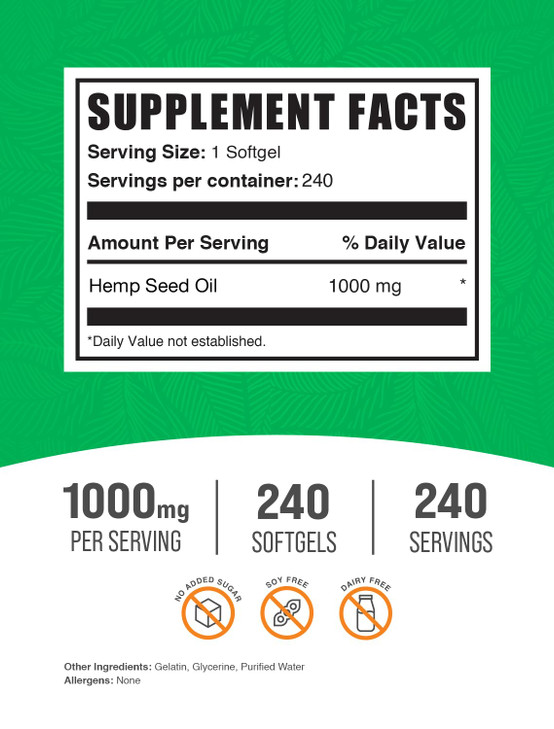 BulkSupplements.com Hemp Seed Oil Softgels - Omega 3 Supplement, Herbal Supplement, Hemp Seed Oil 1000mg - Gluten Free, 1 Softgel per Serving, 240 Co