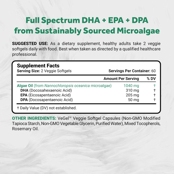Naturalis Vegan Omega 3 DHA, EPA & DPA from Algae | Vegan Society Certified, Sustainably Sourced, True Full Spectrum | 120 Veggie Softgels (Carrageen