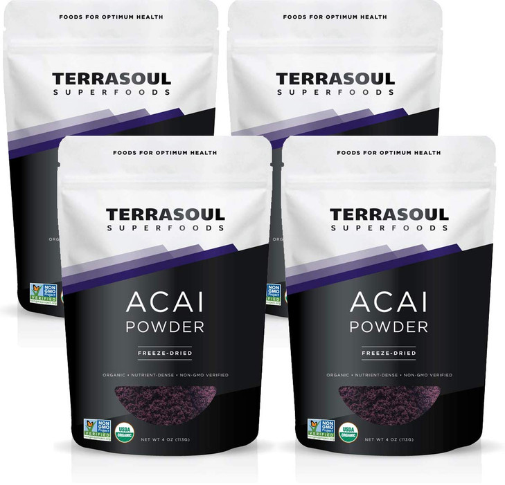 Terrasoul Superfoods Organic Acai Berry Powder, 16 Oz (Pack of 4), Freeze-Dried for Freshness, Omega Fats Boost for Smoothie Bowls, and Antioxidant-P