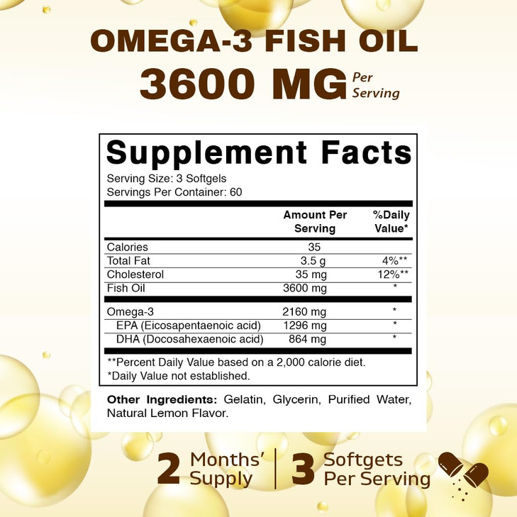 Vitamatic Triple Strength Omega 3 Fish Oil 3600mg Per Serving, 2160mg Omega 3 Fatty Acids, 1296mg EPA + 864mg DHA, Burpless Lemon Flavor, 180 Softgel