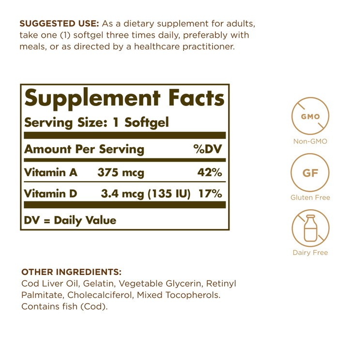 Solgar Cod Liver Oil - 250 Softgels, Pack of 2 - Provides Vitamins A & D - Non-GMO, Gluten Free - 500 Total Servings