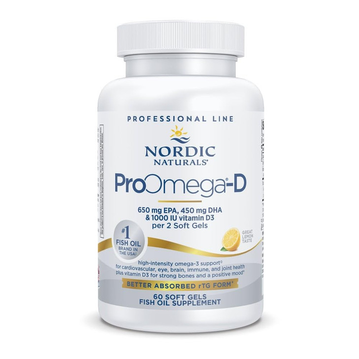 Nordic Naturals ProOmega-D, Lemon Flavor - 60 Soft Gels - 1280 mg Omega-3 + 1000 IU D3 - High-Potency Fish Oil - EPA & DHA - Brain, Eye, Heart, & Imm