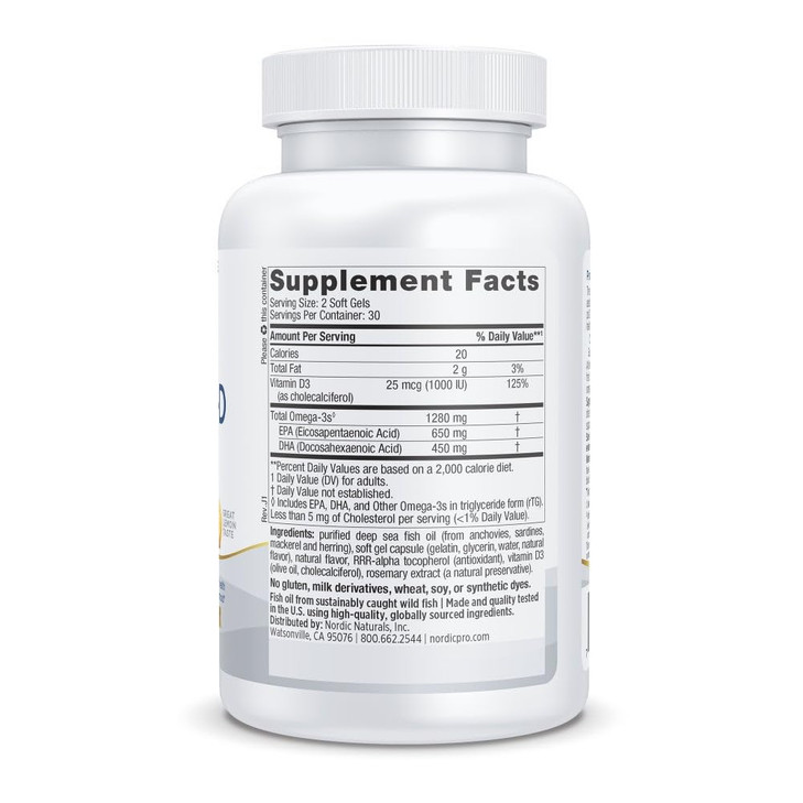 Nordic Naturals ProOmega-D, Lemon Flavor - 60 Soft Gels - 1280 mg Omega-3 + 1000 IU D3 - High-Potency Fish Oil - EPA & DHA - Brain, Eye, Heart, & Imm