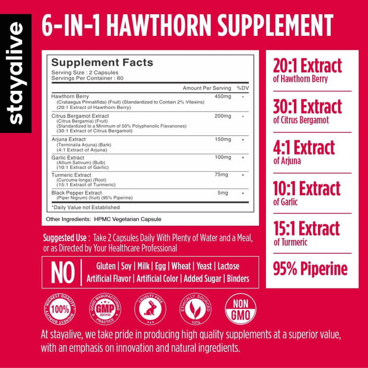 STAY ALIVE Hawthorne Berry Supplement, 20:1 Extract, 6-in-1 Hawthorn w/Citrus Bergamot, Turmeric Root Powder, Garlic, Arjuna & Black Pepper, 120 Pill