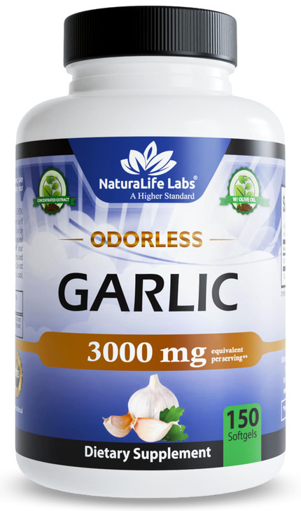 NaturaLife Labs Odorless Garlic  3,000 mg Equivalent per Serving  150 Softgels  Concentrated Garlic Bulb Extract with Organic Extra Virgin Olive O