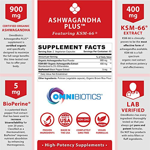 OmniBiotics Organic Ashwagandha Supplement  1300mg Total Strength  900mg Organic Root Powder & 400mg KSM-66 Extract  Stress Relief, Mood & Sleep S