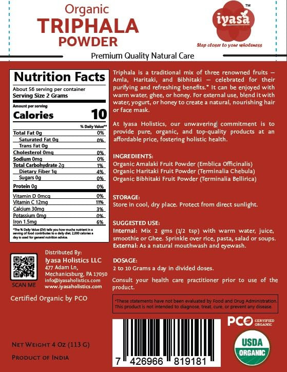 Iyasa Holistics Organic Triphala Powder, Ayurveda Superfood, Pack of 4 Ounce 113 Gram