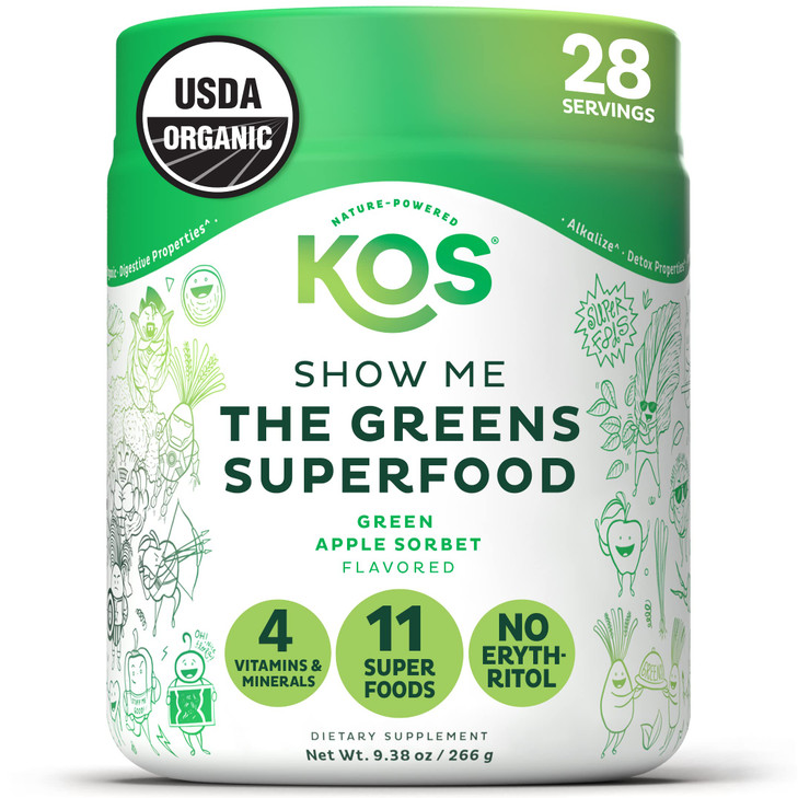 KOS Organic Super Greens Powder Erythritol Free - Plant Based Superfood Blend with Spirulina, Chlorella & Wheatgrass - USDA Certified Organic, Green