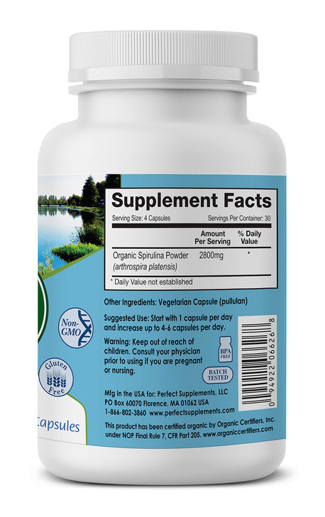 Perfect Supplements  Perfect Spirulina  120 Vegetable Capsules  Organic Spirulina Supplement - Whole Food Micro Algae - Immune System Support