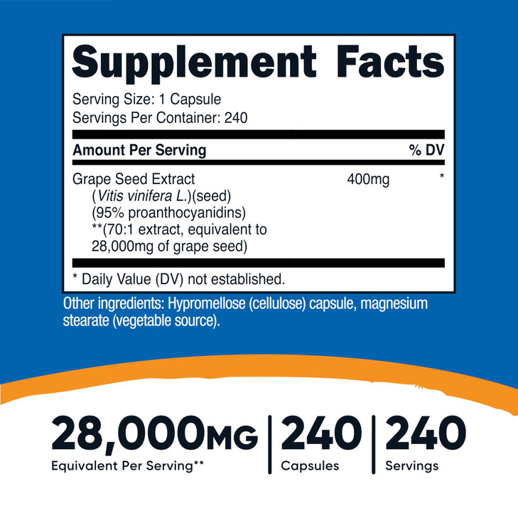 Nutricost Grape Seed Extract 28,000mg Equivalent from 400mg of 70:1 Extract Per Serving, 240 Capsules for 240 Servings Per Bottle - GMO Free and Glut