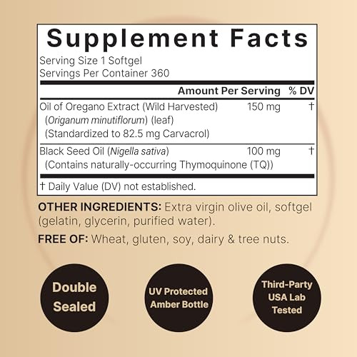 NatureBell Oil of Oregano with Black Seed Oil - 360 Softgels - 2-in-1 Herbal Complex for Immune Health* - Includes Carvacrol, Thymoquinone & Extra Vi