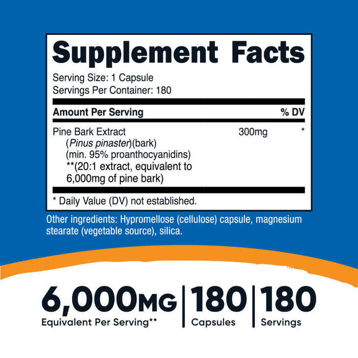 Nutricost Pine Bark Extract 6,000mg Equivalent from 300mg of 20:1 Extract Per Serving, 180 Capsules for 180 Servings Per Bottle - Standardized to Con
