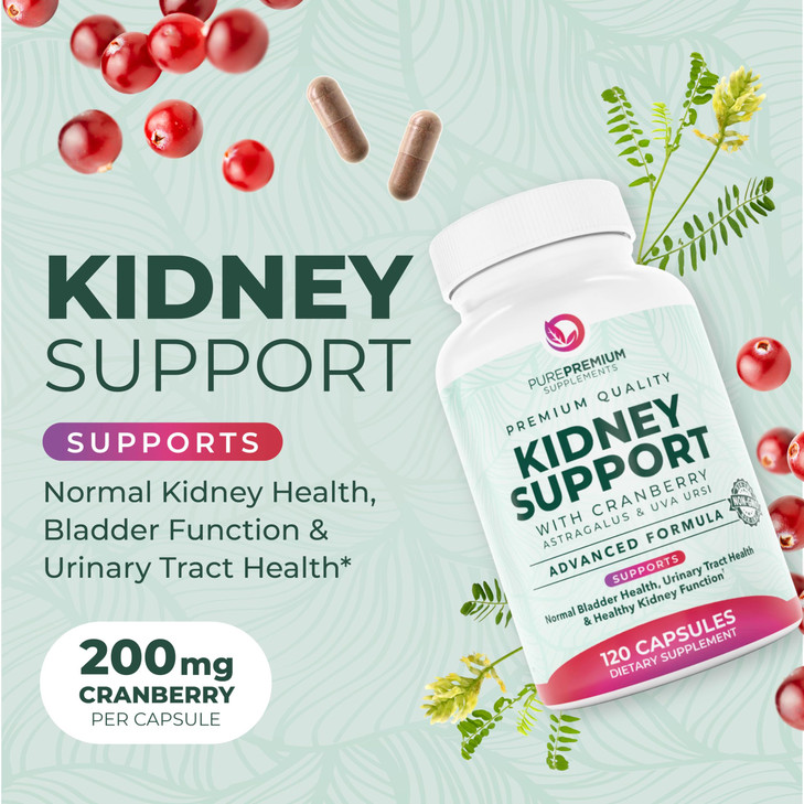 PurePremium Kidney Support Supplement  Kidney Cleanse Detox & Repair with Cranberry Extract & Astragalus - 21-in-1 Complex Supports Normal Bladder,