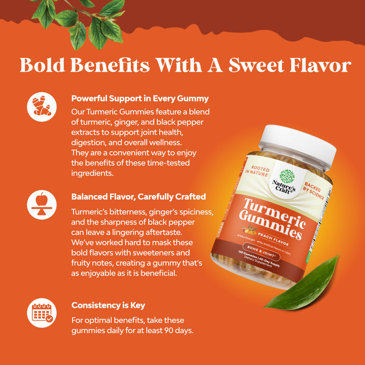 Turmeric Gummies for Adults - Extra Strength Joint Support Gummies with Turmeric Curcumin with Black Pepper Extract and Ginger - Peach Flavor Vitamin