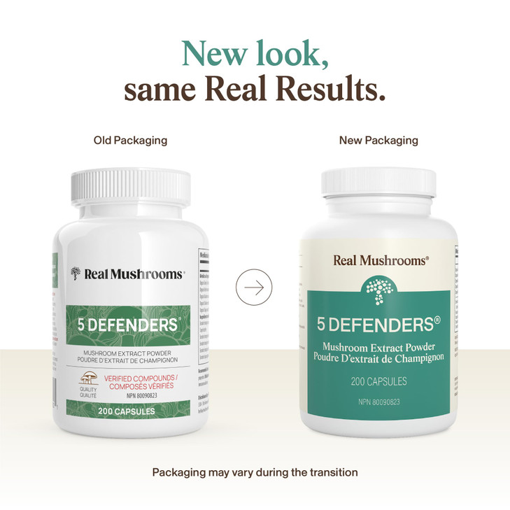 Real Mushrooms 5 Defenders Mushroom Complex  Organic Adaptogenic Mushroom Blend with Chaga, Reishi, Turkey Tail, Maitake & Shiitake for Wellness Sup