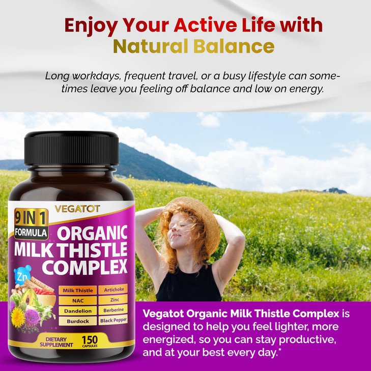 VEGATOT Organic Milk Thistle Complex 9 in 1 Formula - with Milk Thistle Artichoke NAC Zinc Dandelion Berberine Burdock Black Pepper (150 Count (Pack
