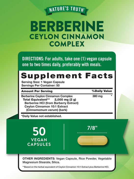 Nature's Truth Berberine with Ceylon Cinnamon Complex | 50 Vegan Capsules | Vegan, Non-GMO, and Gluten Free Supplement