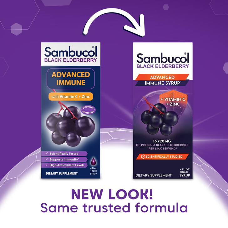 Sambucol Advanced Black Elderberry Syrup - Elderberry Syrup with Zinc and Vitamin C for Adults, Immune Support, High Antioxidants, Gluten Free - 4 Fl