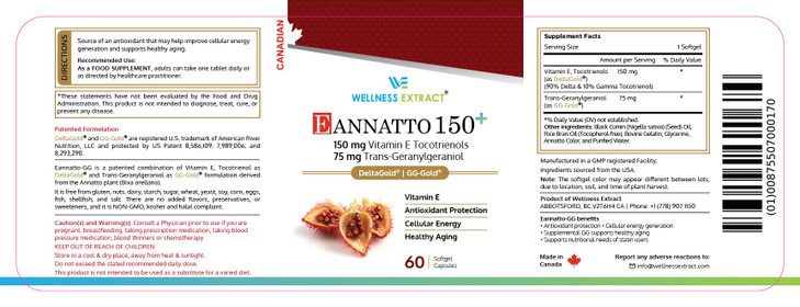 WELLNESS EXTRACT Eannatto 150mg Vitamin E Tocotrienols Supplement with GG  60 Softgels