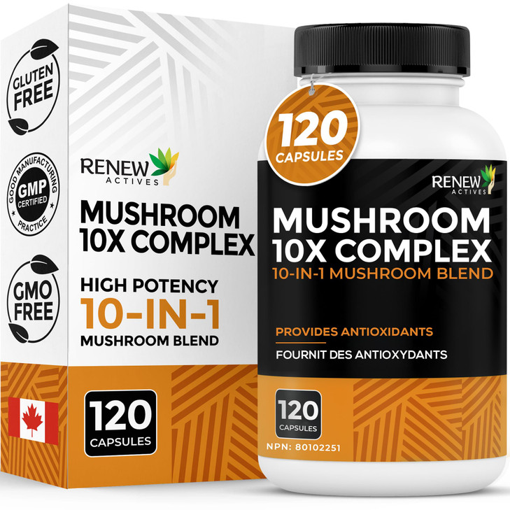 RENEW ACTIVES Mushroom Complex 2 Capsules per Serving  10 Mushroom Blend with Antioxidants for Immune Health & Wellness  Supports Overall Vitality