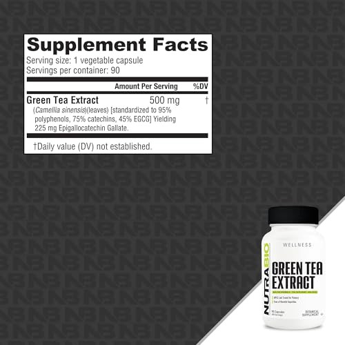 NutraBio Green Tea Extract Capsules, 500mg, Adds Antioxidant Benefits and Helps Overall Health and Well-Being, 90 Count