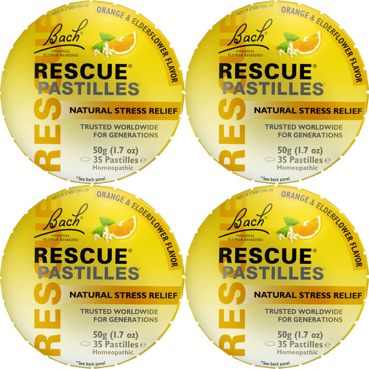 Bach Rescue PASTILLES, Orange and Elderflower Flavor, Natural Stress Relief Lozenges, Homeopathic Flower Essence, Vegetarian, Gluten & Sugar-Free, 4