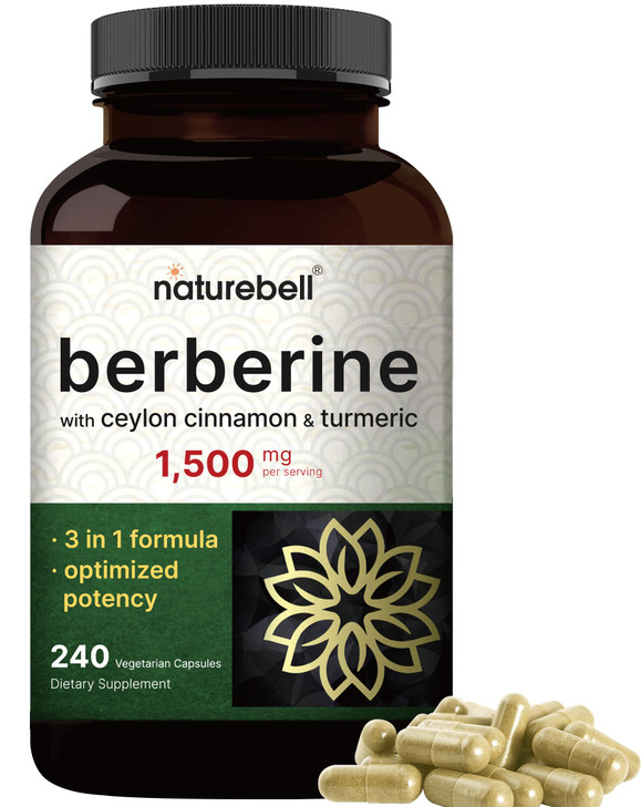 NatureBell Berberine Supplement 1,500mg with Ceylon Cinnamon & Turmeric Root, 240 Veggie Capsules | 97% Pure Berberine HCL | Supports Balanced Sugar