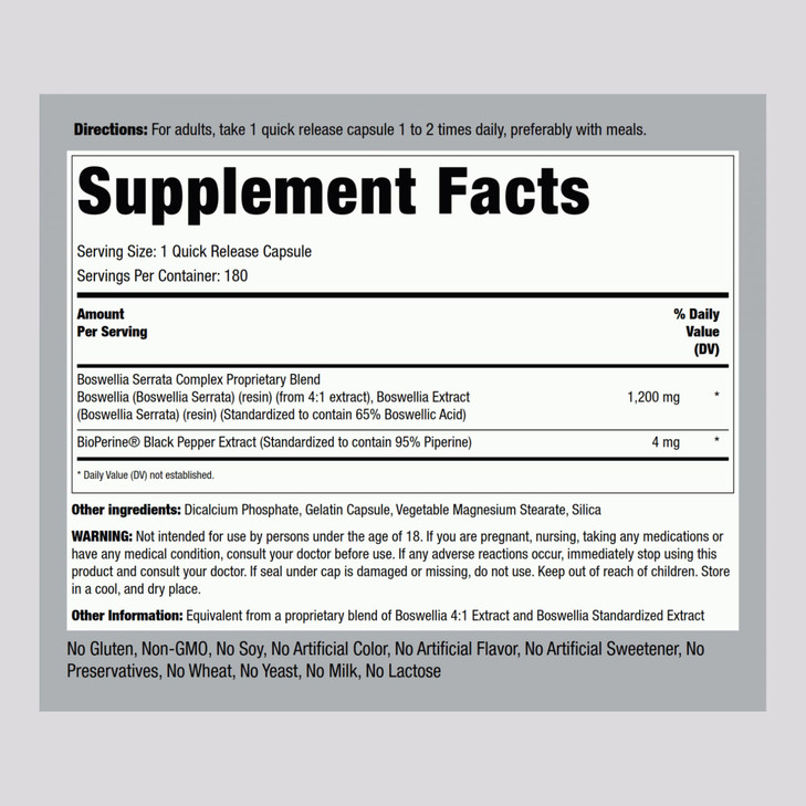 Piping Rock Boswellia Extract Capsules | 180 Count | Herbal Supplement | Standardized Complex | Non-GMO, Gluten Free