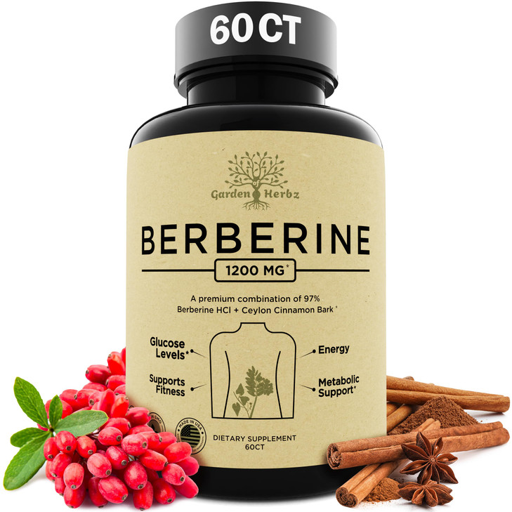 Garden of Herbz Berberine Supplement, Berberine 1200 Mg  Berberine HCL & Ceylon Cinnamon for Women & Men  Berberine Capsules Supports Healthy Immun