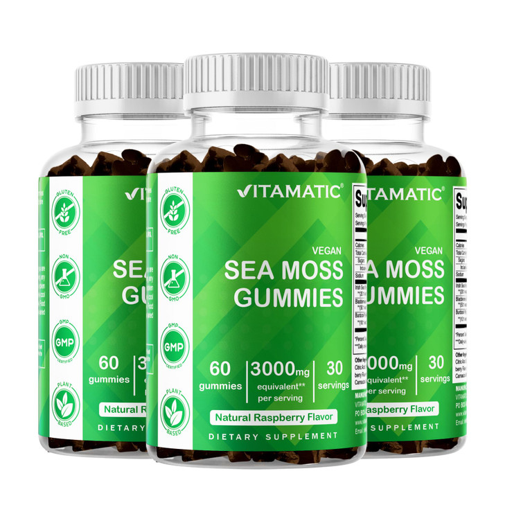 Vitamatic 3 Pack Irish Sea Moss Gummies- 3000mg Equivalent Per Serving - 60 Ct - Made with Bladderwrack & Burdock Root - Seamoss Supplement for Thyro