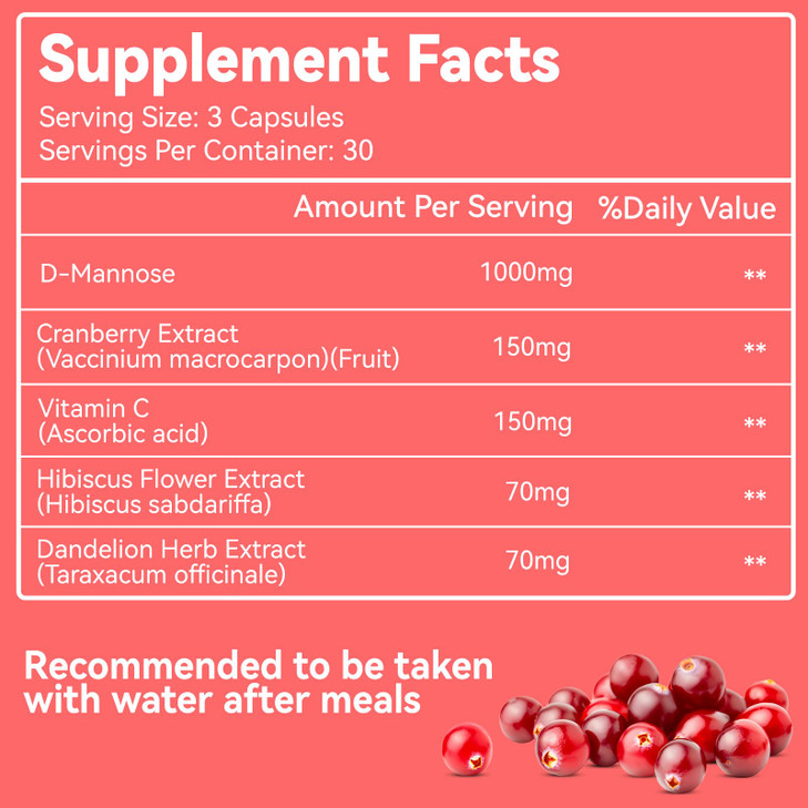 EAZGOO D-Mannose Supplement  1000mg Capsules with Cranberry, Vitamin C, Hibiscus & Dandelion Extract, Support Urinary Health, D Mannose & Cranberry